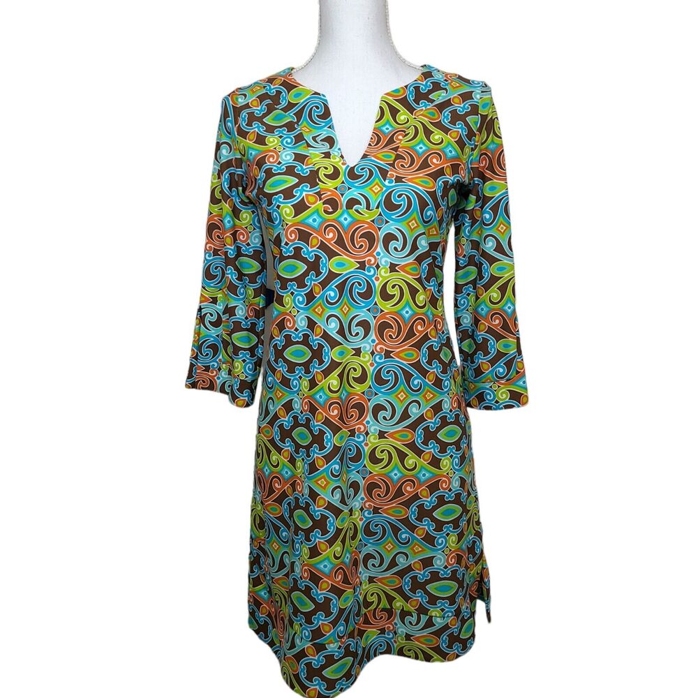 Jude Connally Womens SZ XS Dress Multicolor V-Neck 3/4 Sleeve 60s Retro Inspired